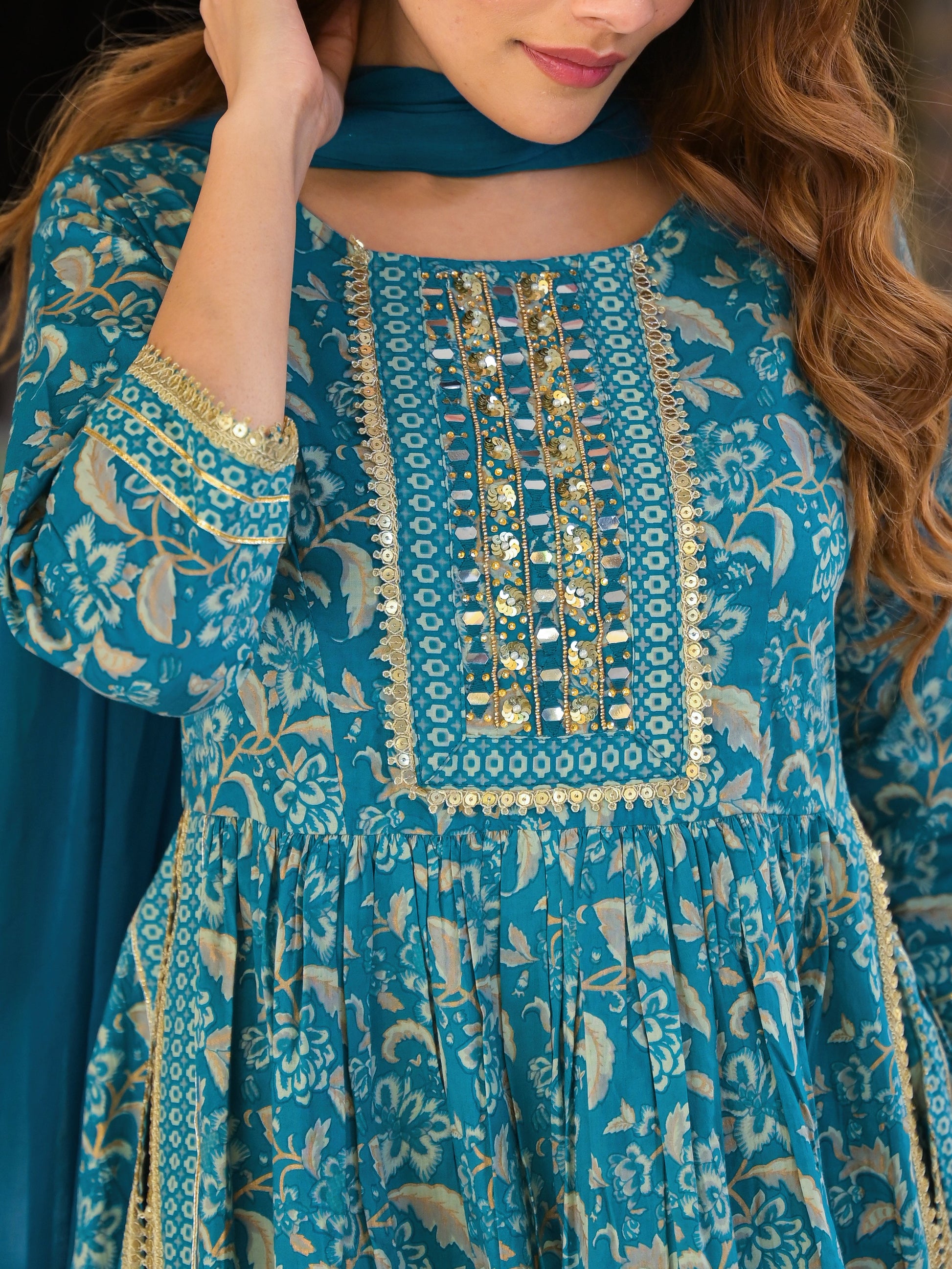 Teal Green Floral Print Cotton Nyra Cut Kurta pants with Dupatta set