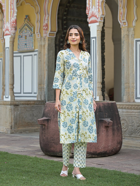 Green Floral Print Pure Cotton Straight Kurta with Trouser