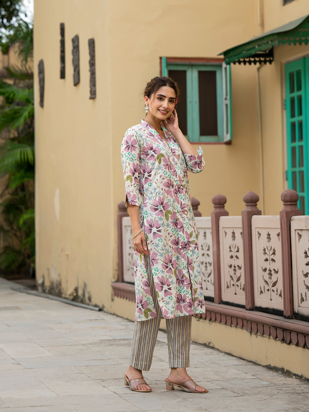 Lavender Floral Print Pure Cotton Straight Kurta with Trouser