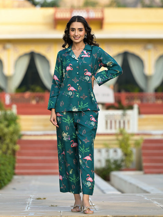 Green Floral Printed Muslin Co-ord Set