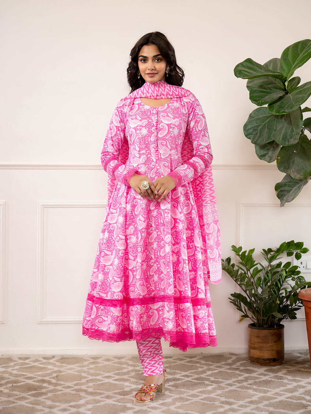 Pink Floral Print Cotton Anarkali Kurta Trouser with Dupatta Set