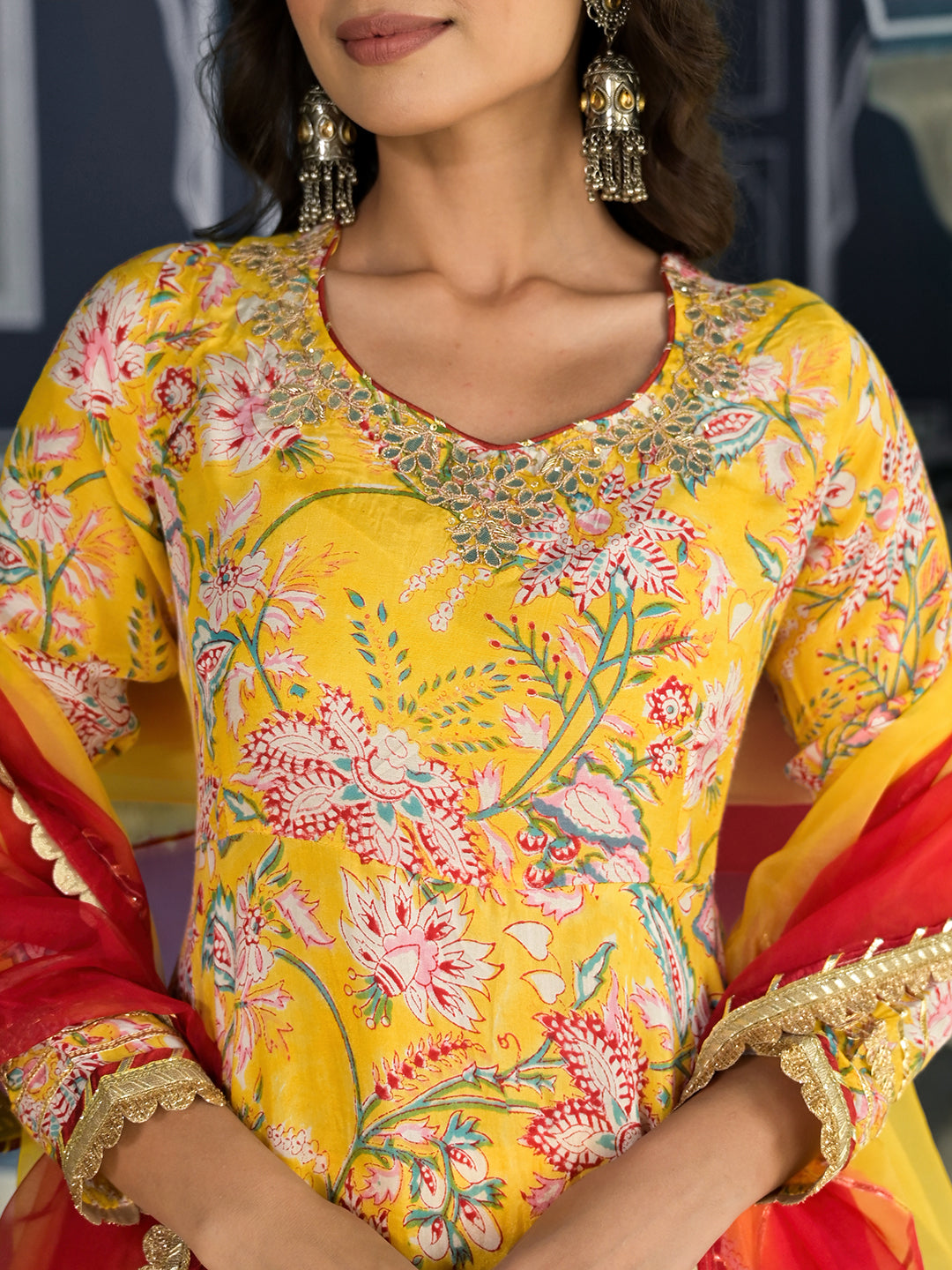 Yellow Floral Printed Anarkali Muslin Kurta Trouser with Dupatta Set