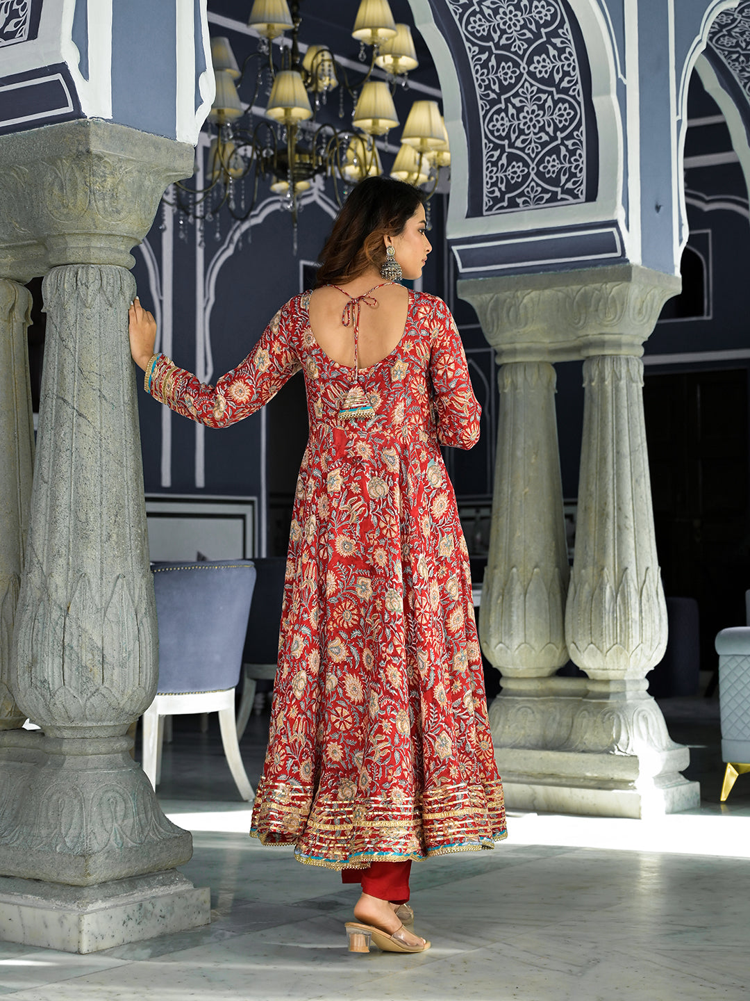 Red Floral Printed Anarkali Muslin Kurta Trouser with Dupatta Set