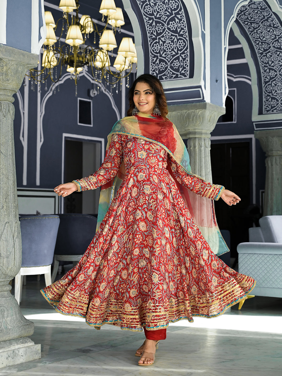 Red Floral Printed Anarkali Muslin Kurta Trouser with Dupatta Set