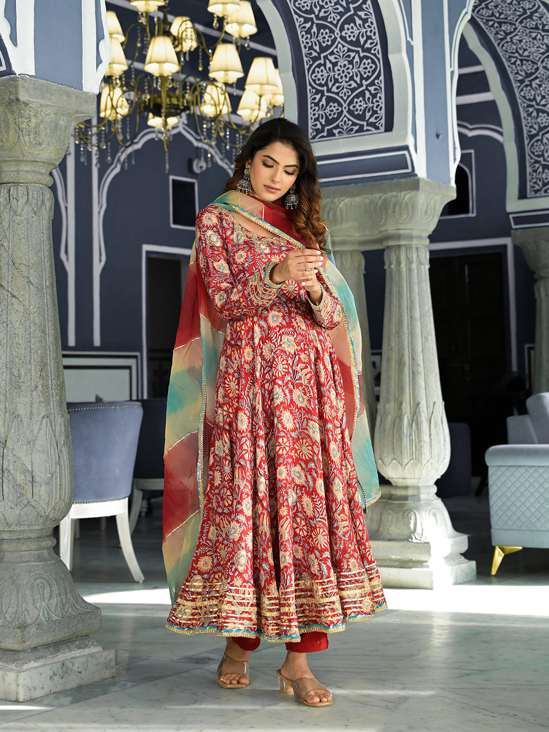 Red Floral Printed Anarkali Muslin Kurta Trouser with Dupatta Set