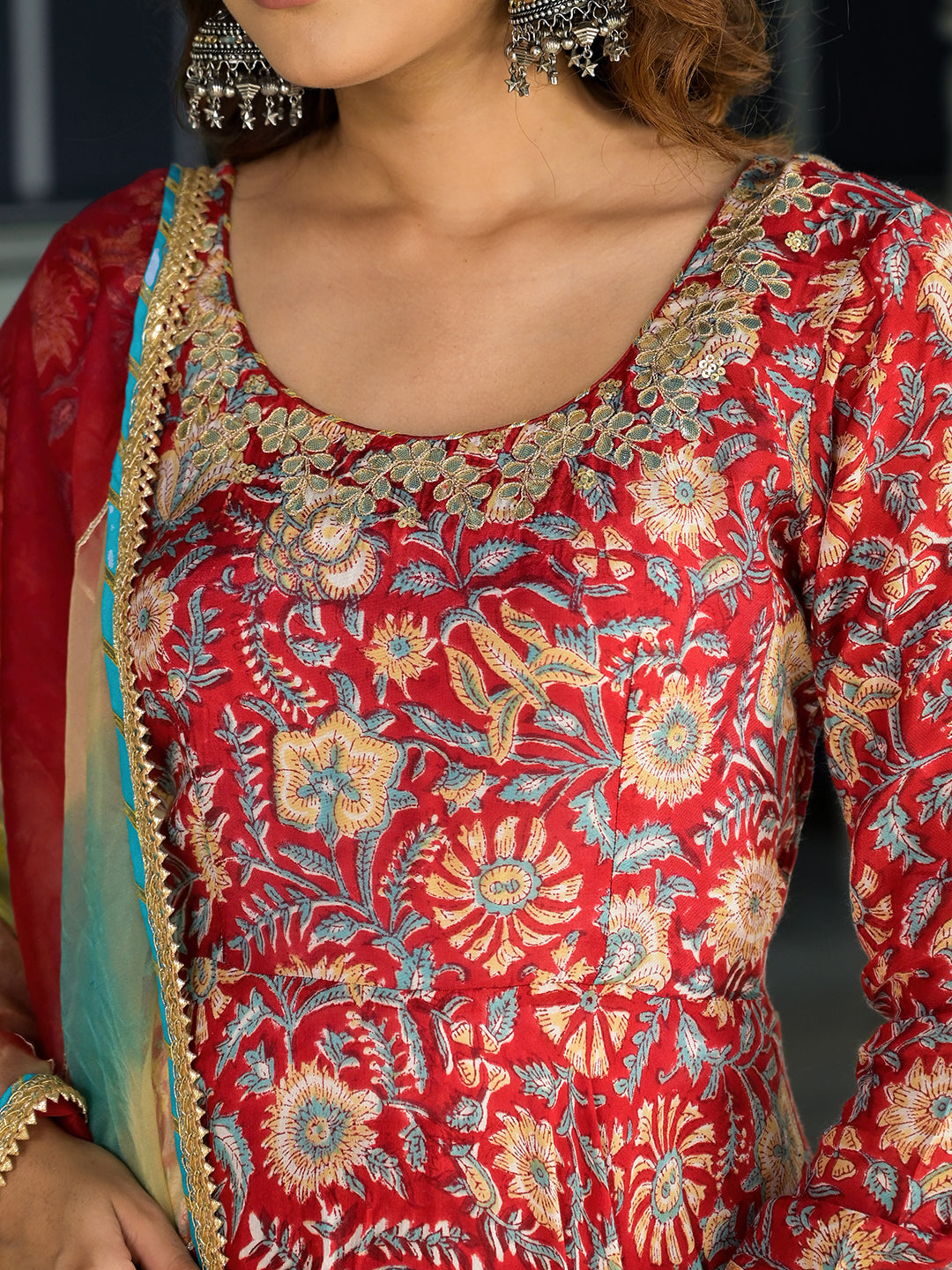 Red Floral Printed Anarkali Muslin Kurta Trouser with Dupatta Set