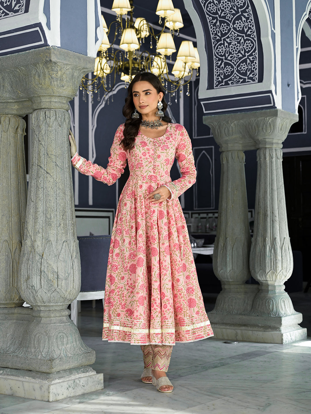 Pink Floral Printed Anarkali Kurta Trouser with Dupatta Set