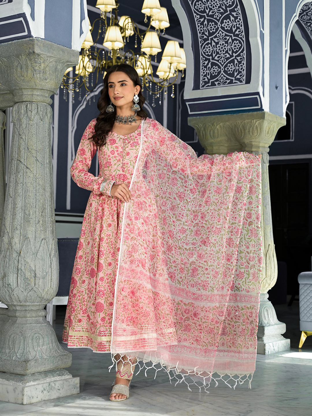 Pink Floral Printed Anarkali Kurta Trouser with Dupatta Set