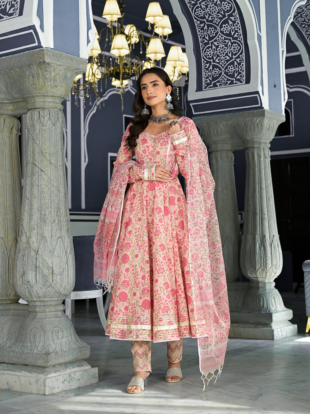 Pink Floral Printed Anarkali Kurta Trouser with Dupatta Set