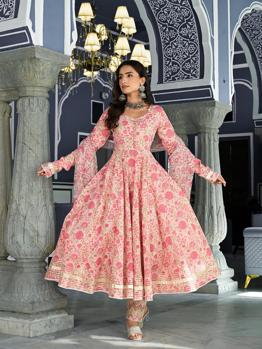 Pink Floral Printed Anarkali Kurta Trouser with Dupatta Set