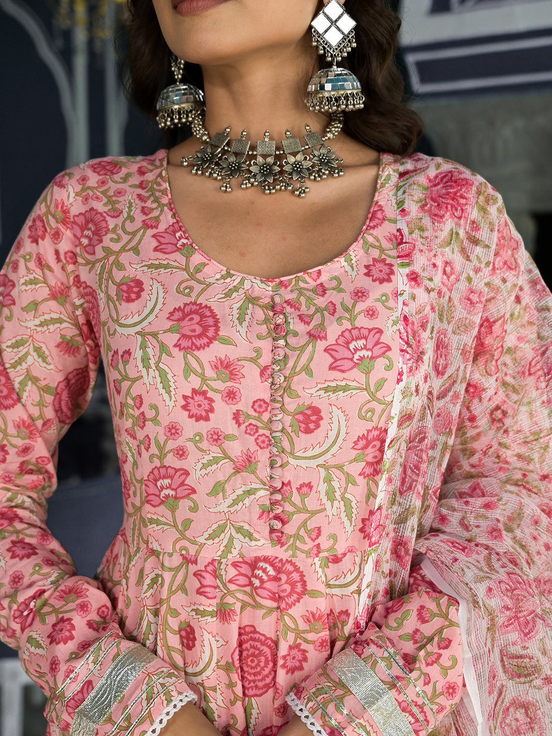 Pink Floral Printed Anarkali Kurta Trouser with Dupatta Set