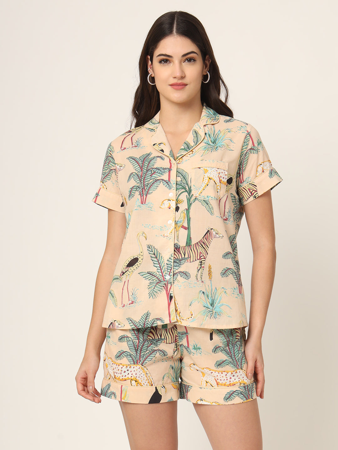 Cream Floral Print Pure Cotton Regular Night Suit