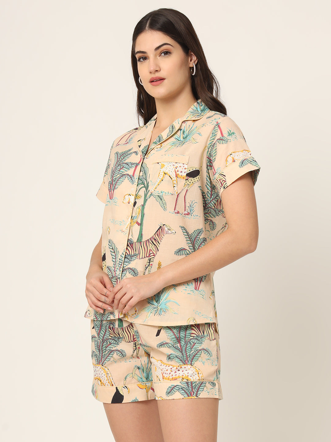 Cream Floral Print Pure Cotton Regular Night Suit