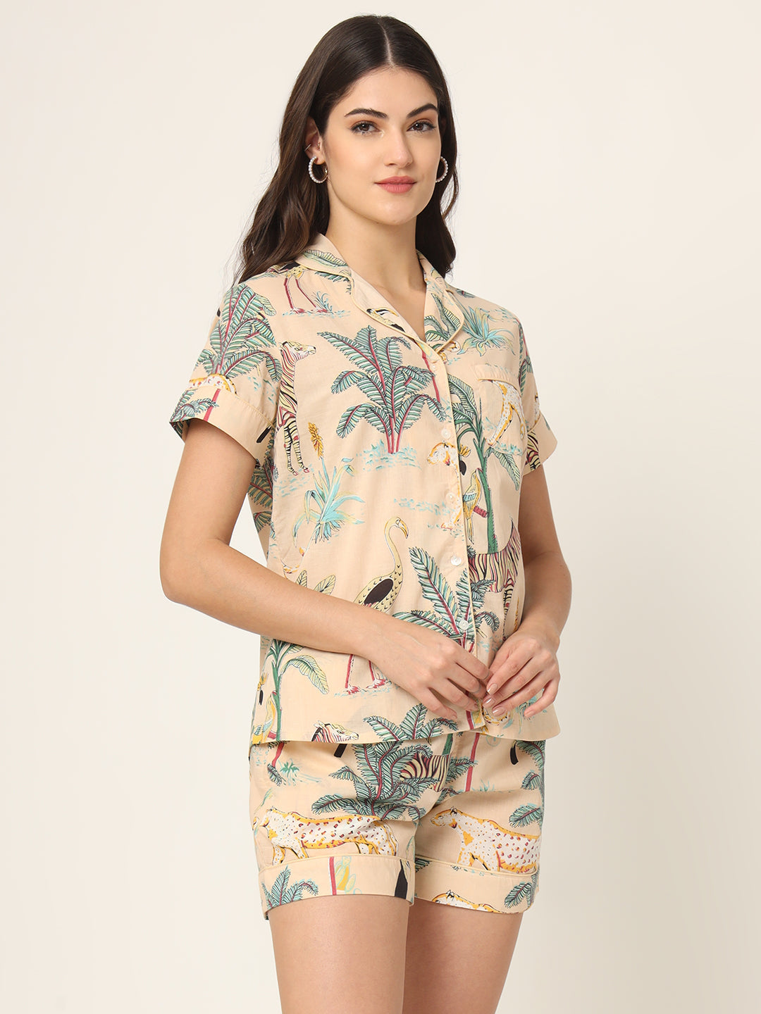 Cream Floral Print Pure Cotton Regular Night Suit
