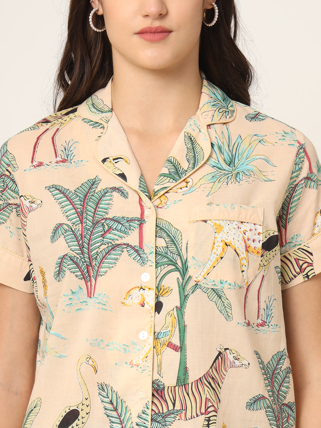 Cream Floral Print Pure Cotton Regular Night Suit