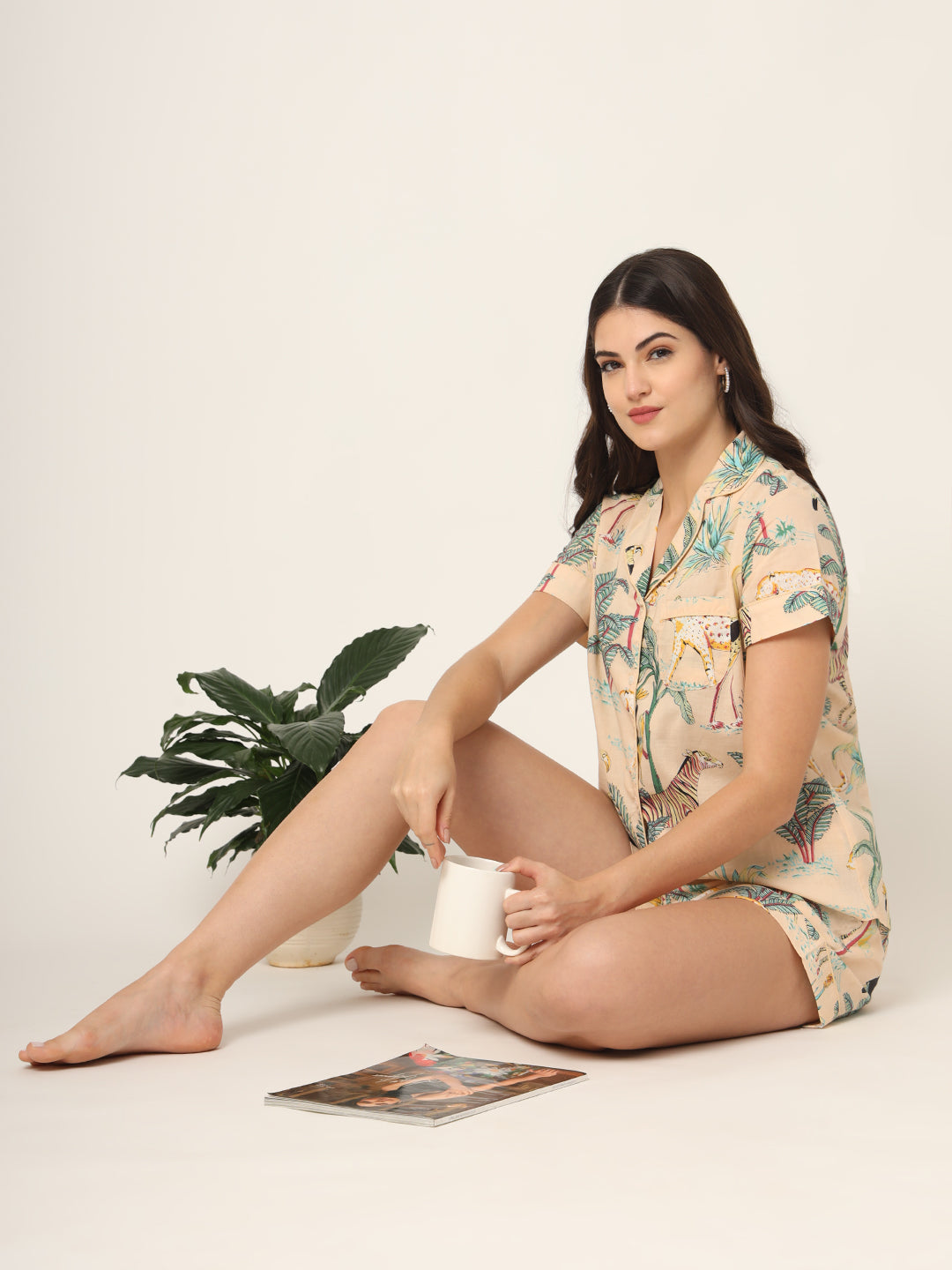 Cream Floral Print Pure Cotton Regular Night Suit