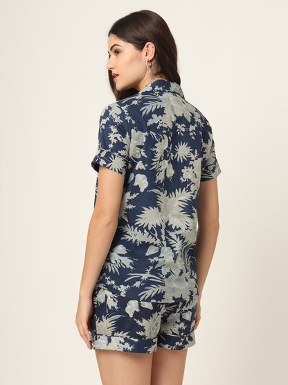 Navy Blue Printed Pure Cotton Regular Night Suit