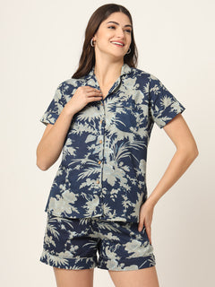 Navy Blue Printed Pure Cotton Regular Night Suit