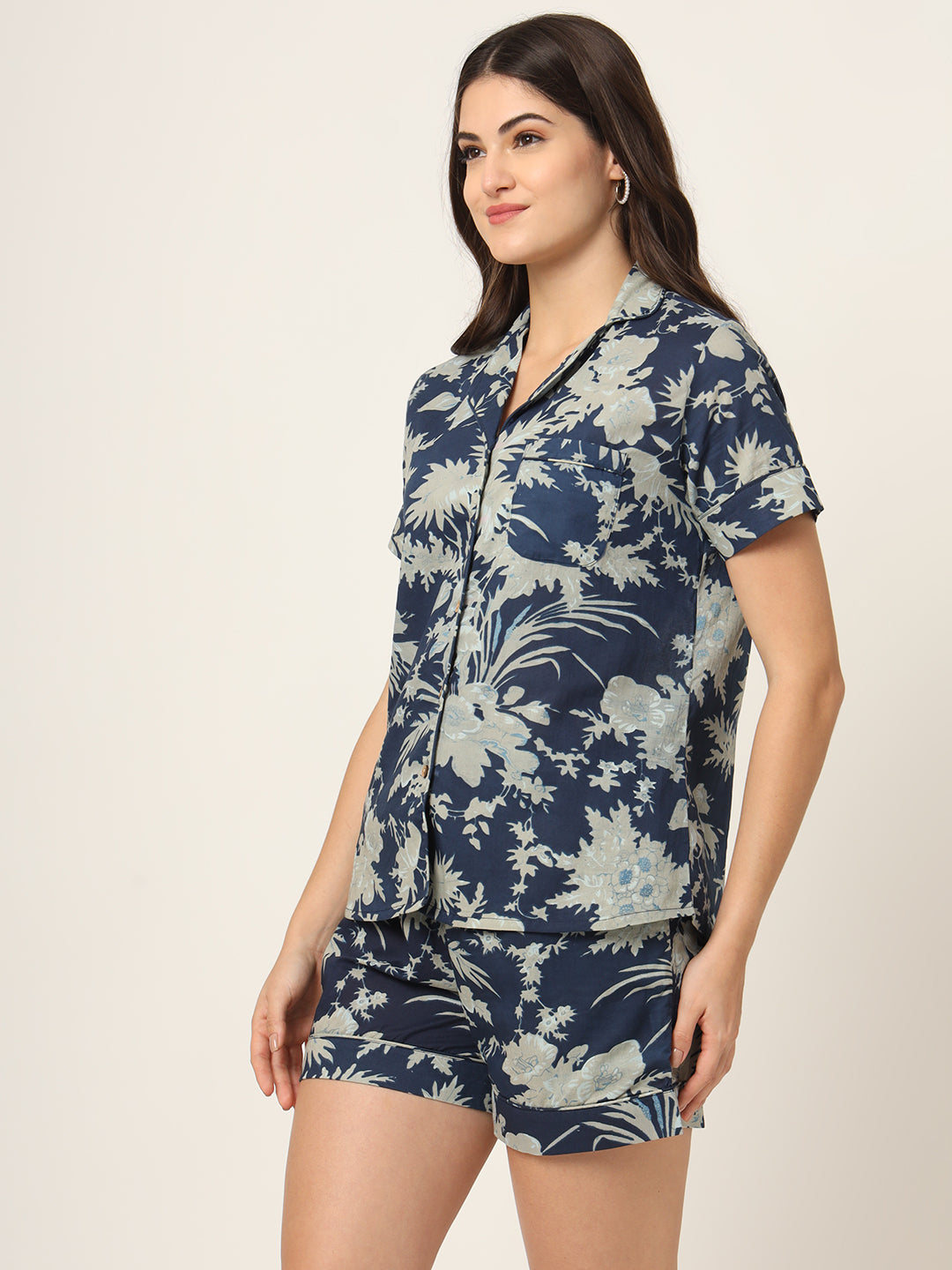 Navy Blue Printed Pure Cotton Regular Night Suit
