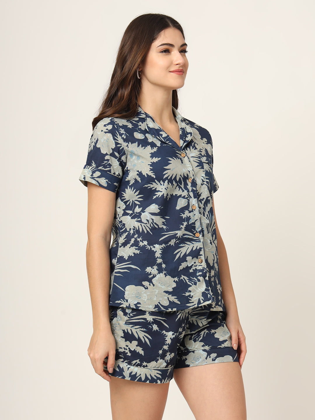 Navy Blue Printed Pure Cotton Regular Night Suit