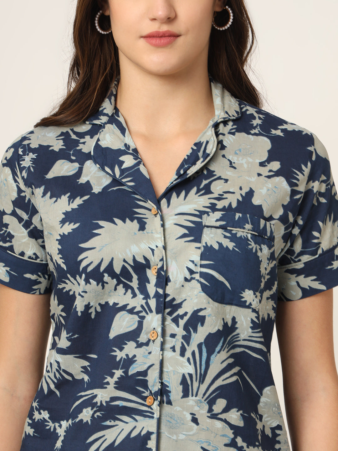 Navy Blue Printed Pure Cotton Regular Night Suit