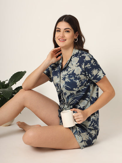 Navy Blue Printed Pure Cotton Regular Night Suit