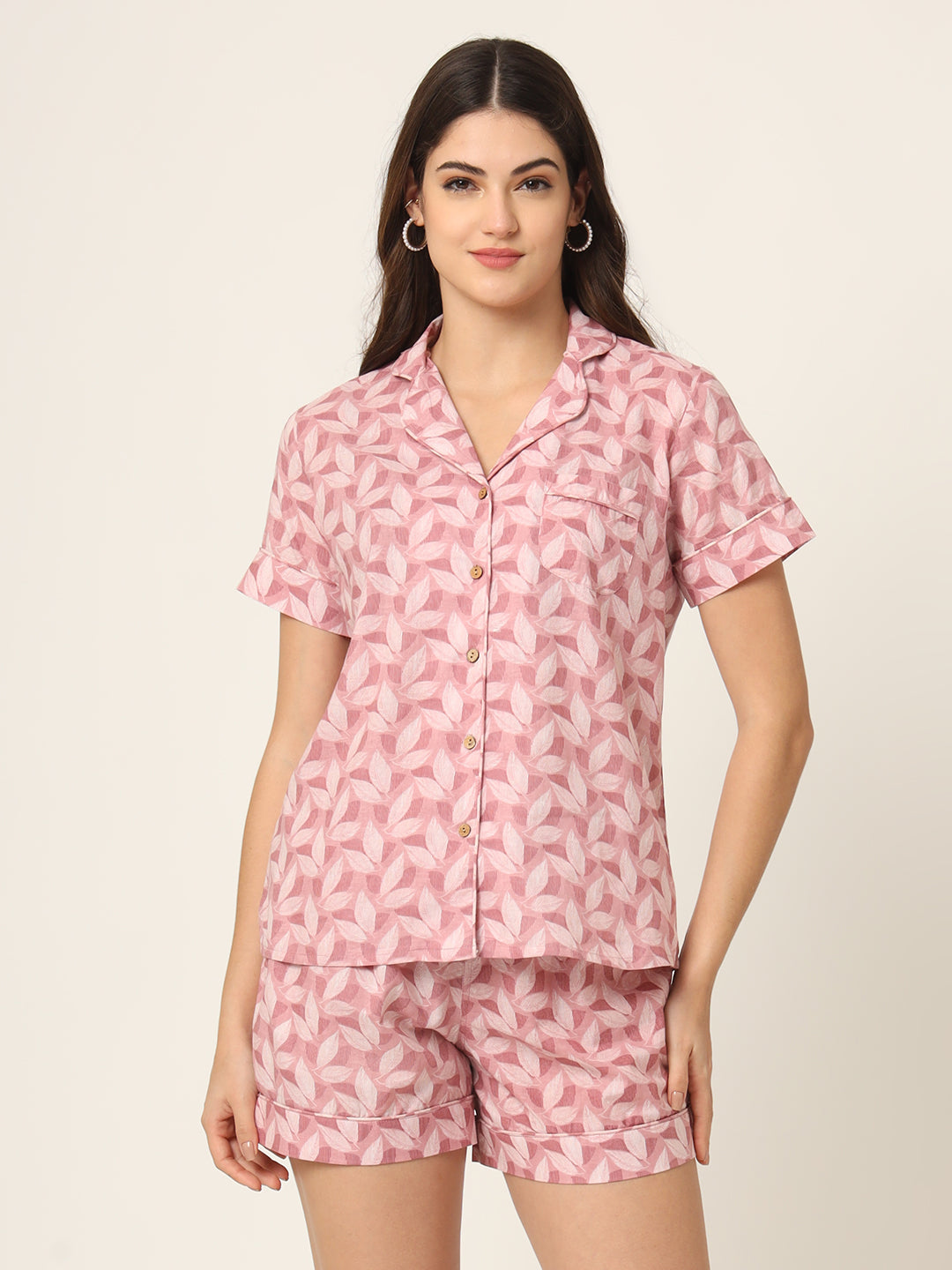 Pink Printed Pure Cotton Regular Night Suit