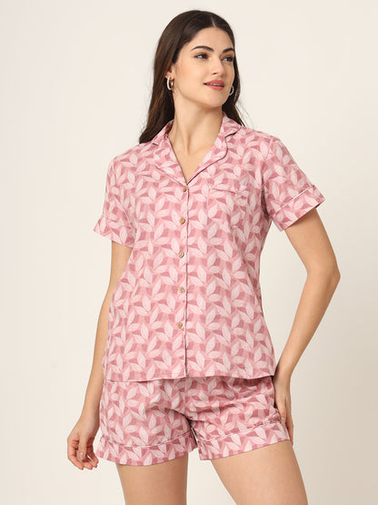 Pink Printed Pure Cotton Regular Night Suit