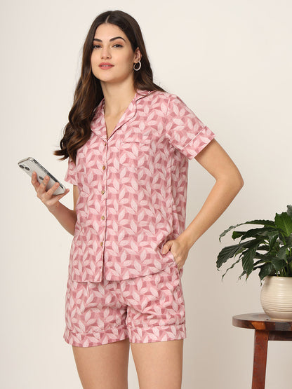 Pink Printed Pure Cotton Regular Night Suit