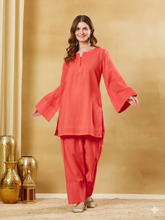 Coral Red Solid Cotton Farshi Salwar Suit Set
