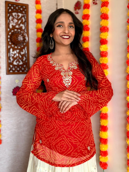 Orange Bandhani Gotta Patti Work Geogratte V-Neck Top
