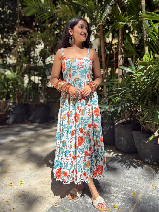 Aurelia Bloom White Floral Printed Shoulder Strip Calf Long Dress