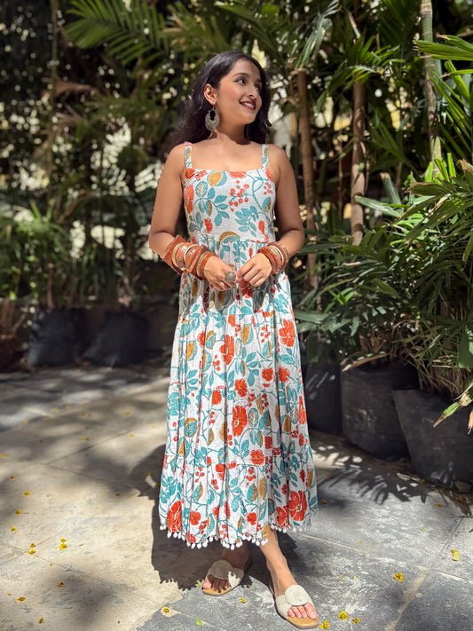 Aurelia Bloom White Floral Printed Shoulder Strip Calf Long Dress