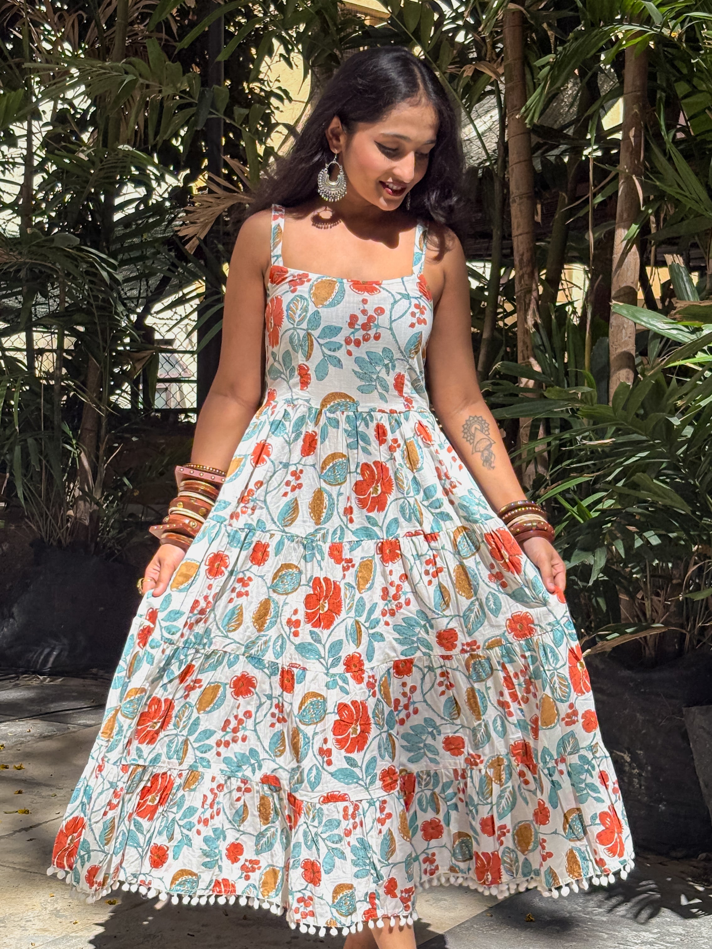 Aurelia Bloom White Floral Printed Shoulder Strip Calf Long Dress