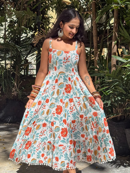 Aurelia Bloom White Floral Printed Shoulder Strip Calf Long Dress