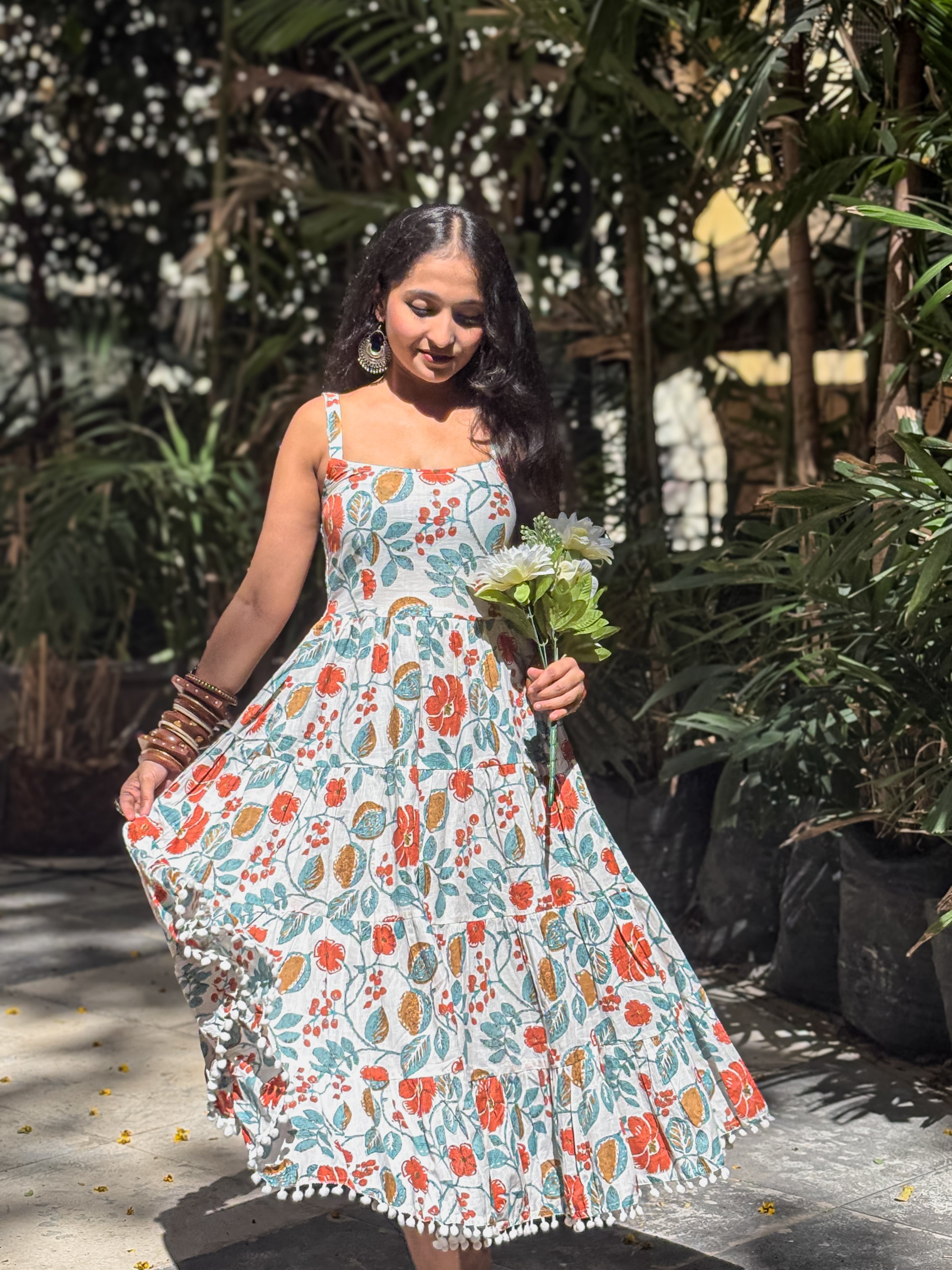 Aurelia Bloom White Floral Printed Shoulder Strip Calf Long Dress
