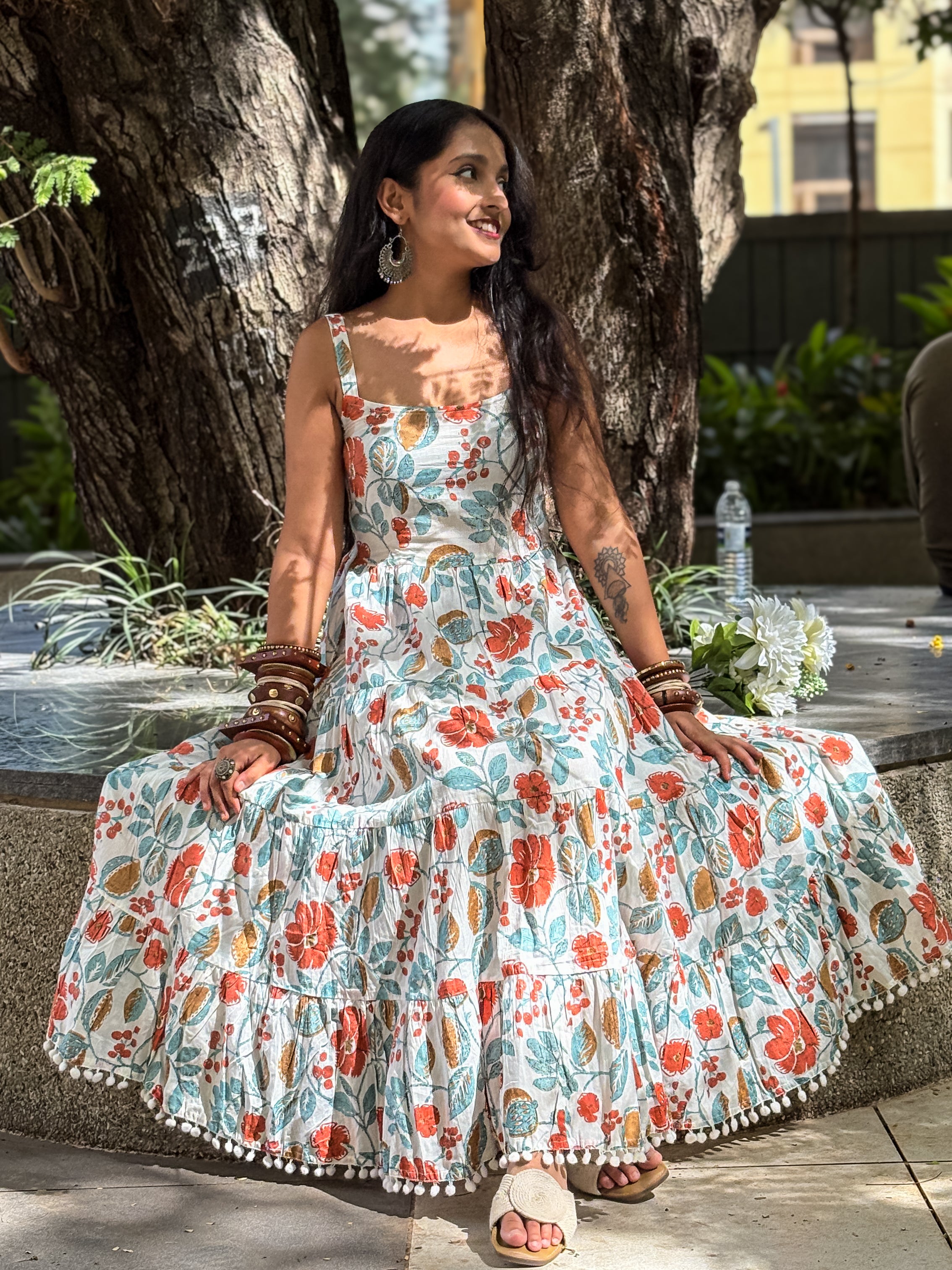 Aurelia Bloom White Floral Printed Shoulder Strip Calf Long Dress