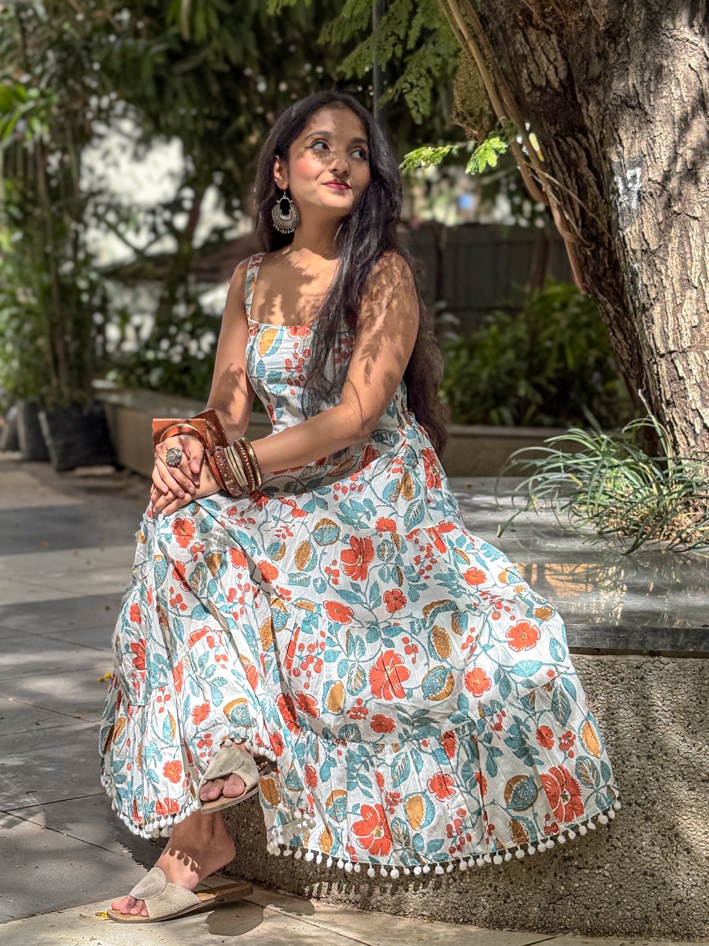 Aurelia Bloom White Floral Printed Shoulder Strip Calf Long Dress