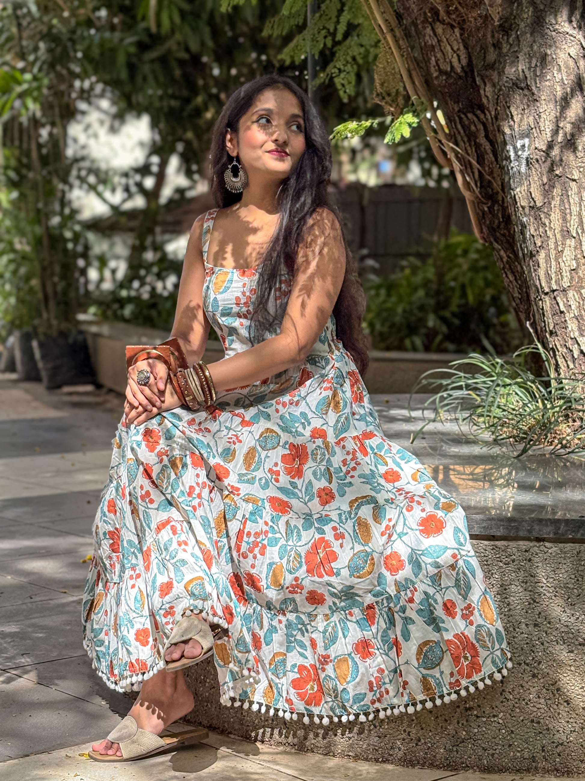 Aurelia Bloom White Floral Printed Shoulder Strip Calf Long Dress