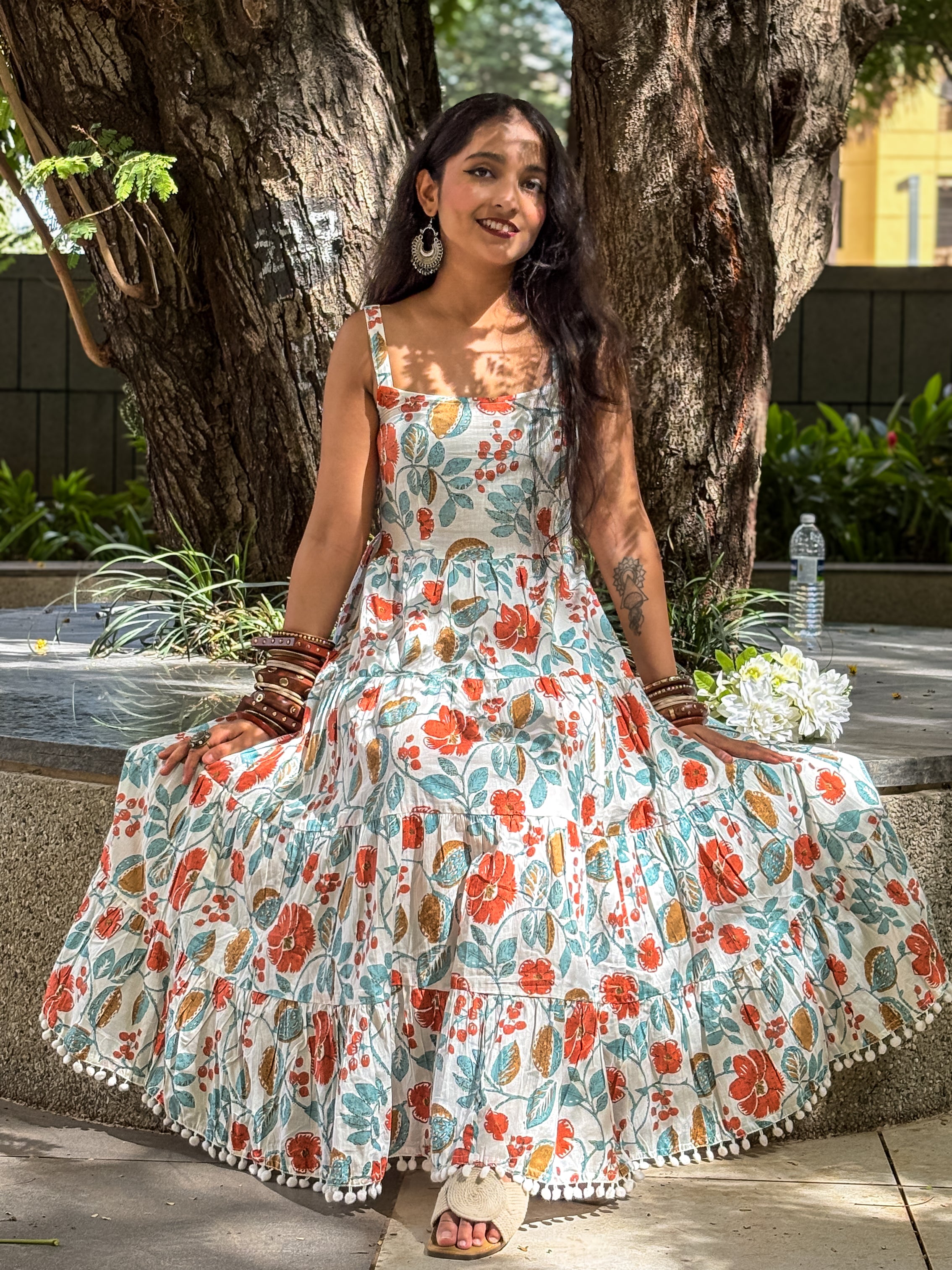 Aurelia Bloom White Floral Printed Shoulder Strip Calf Long Dress