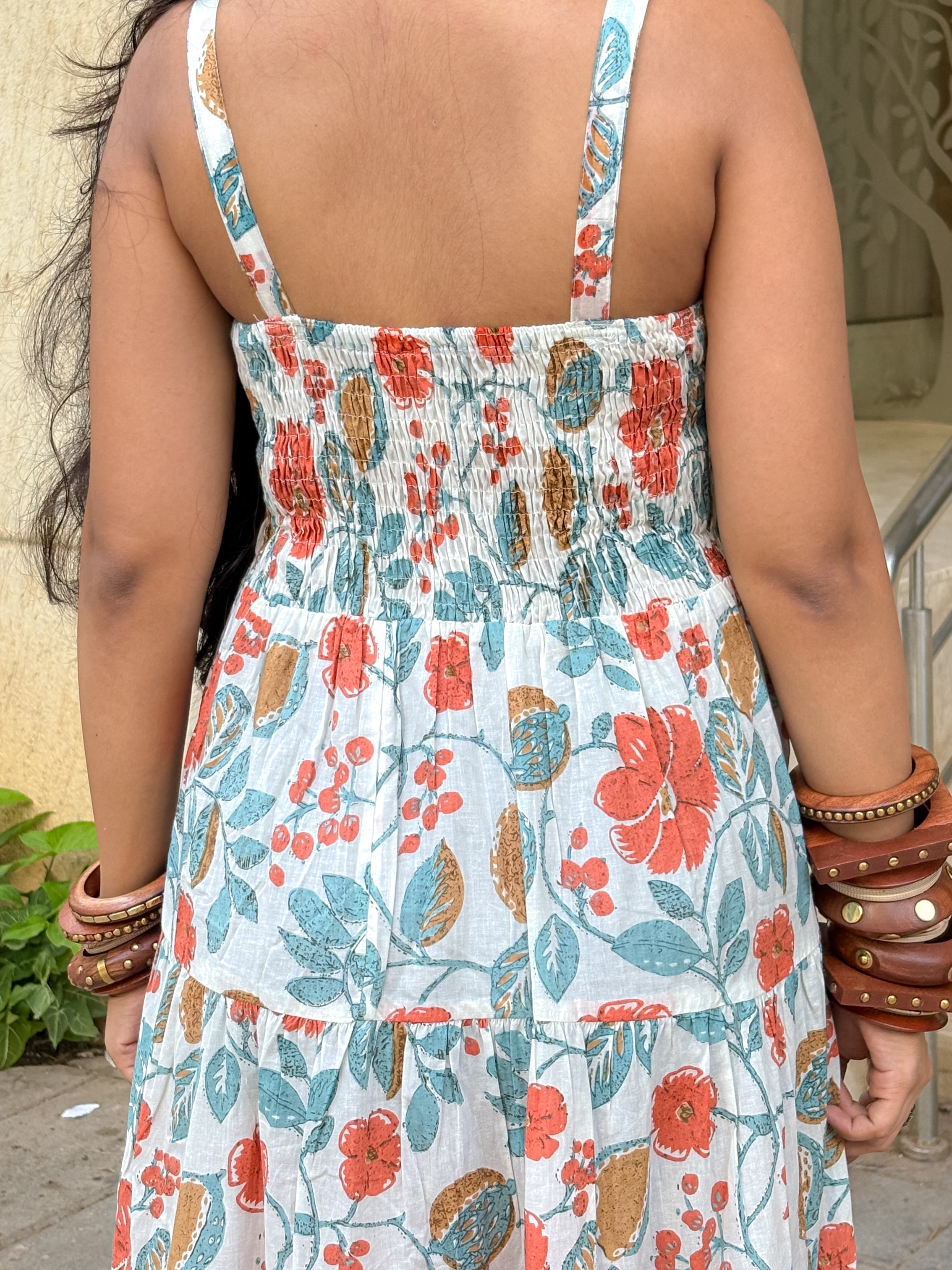 Aurelia Bloom White Floral Printed Shoulder Strip Calf Long Dress