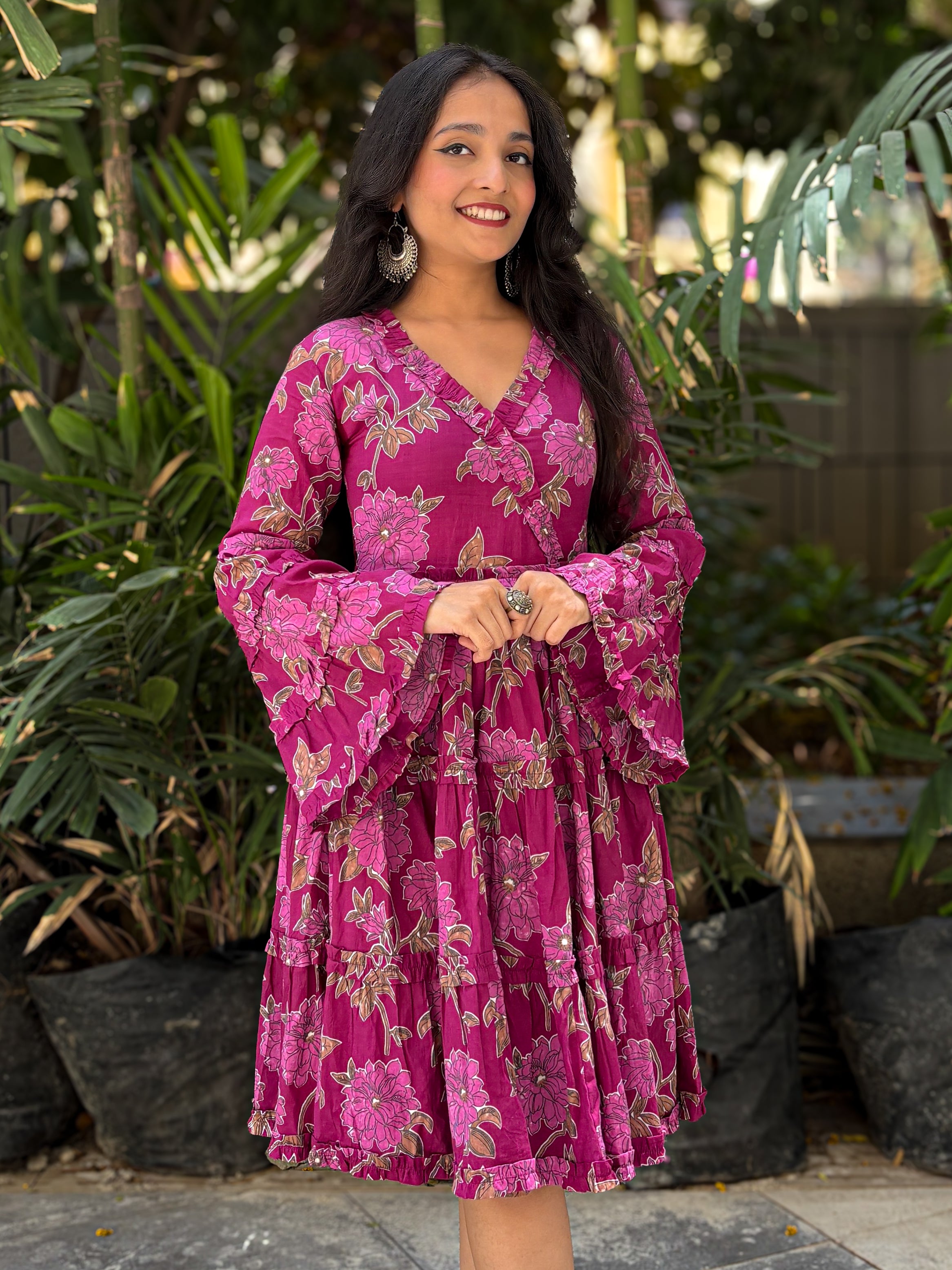 Bella Rose Bell Sleeves Purple V-Neck Midi Cotton Dress