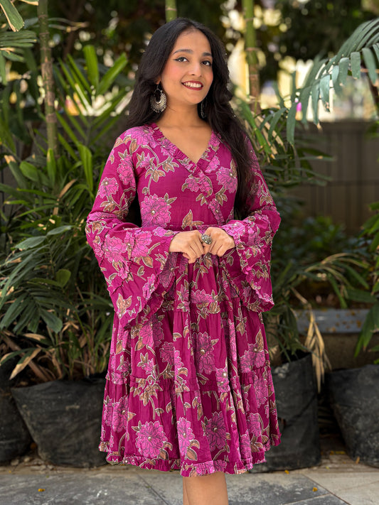 Bella Rose Bell Sleeves Purple V-Neck Midi Cotton Dress