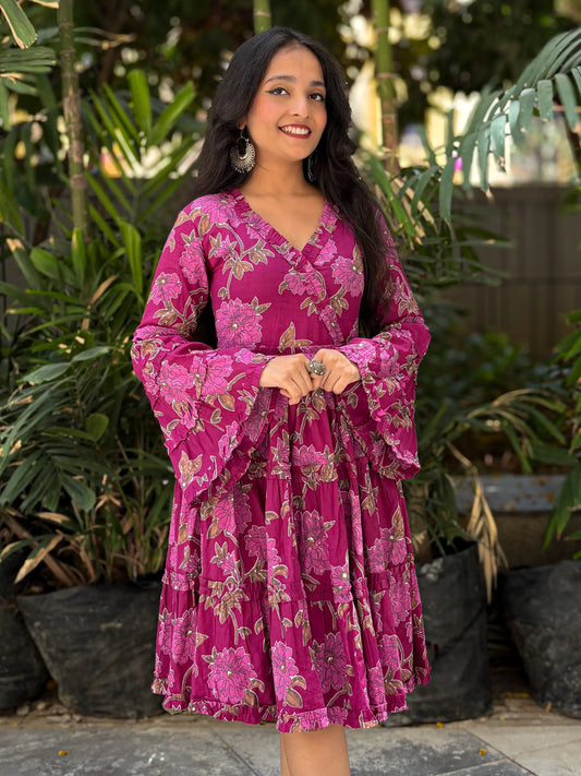 Bella Rose Bell Sleeves Purple V-Neck Midi Cotton Dress