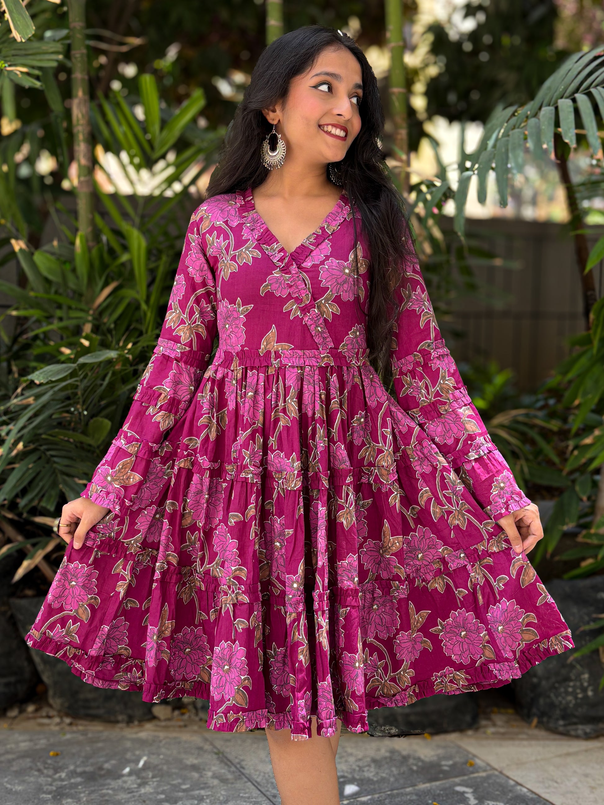 Bella Rose Bell Sleeves Purple V-Neck Midi Cotton Dress