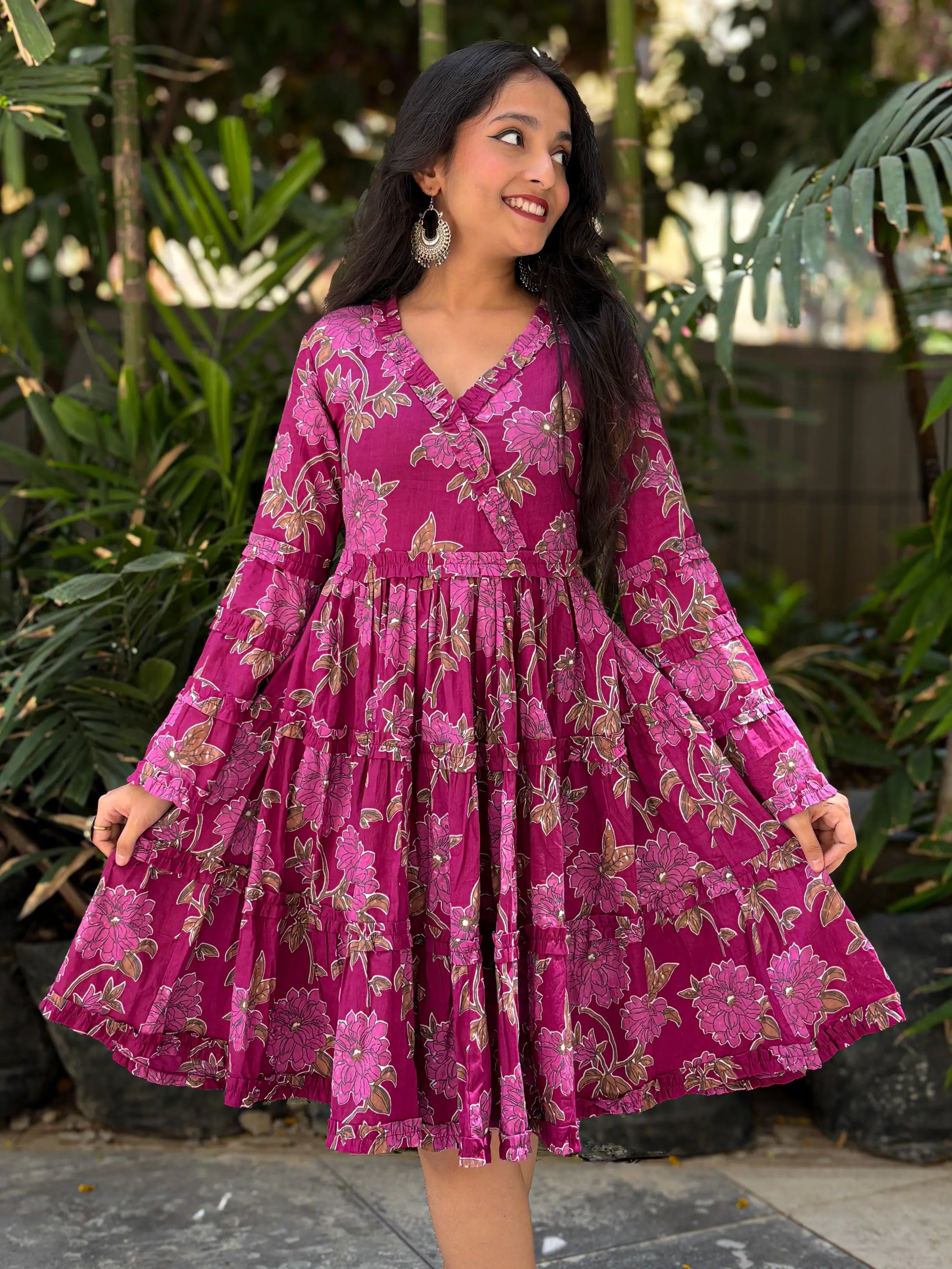 Bella Rose Bell Sleeves Purple V-Neck Midi Cotton Dress