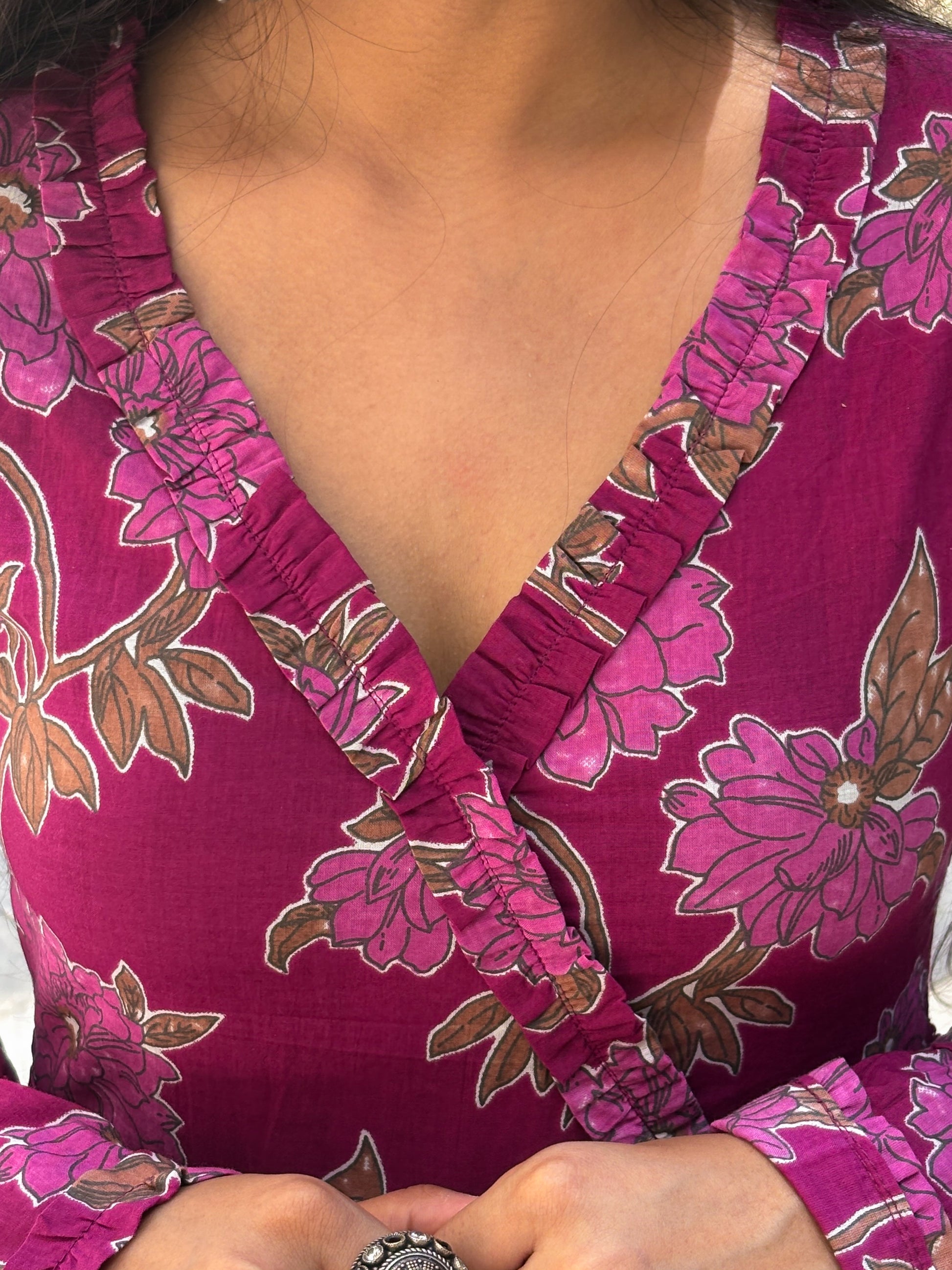 Bella Rose Bell Sleeves Purple V-Neck Midi Cotton Dress