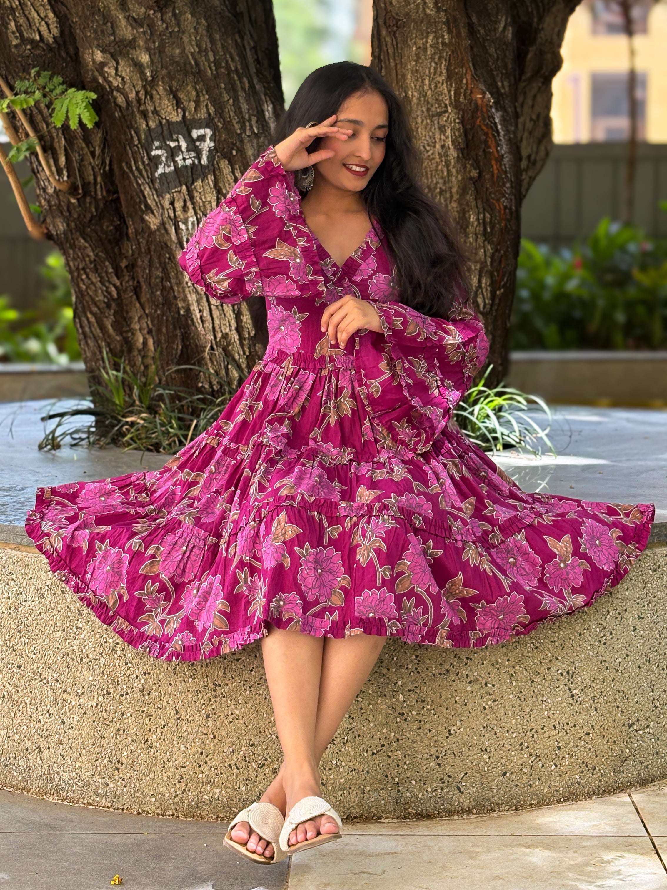 Bella Rose Bell Sleeves Purple V-Neck Midi Cotton Dress