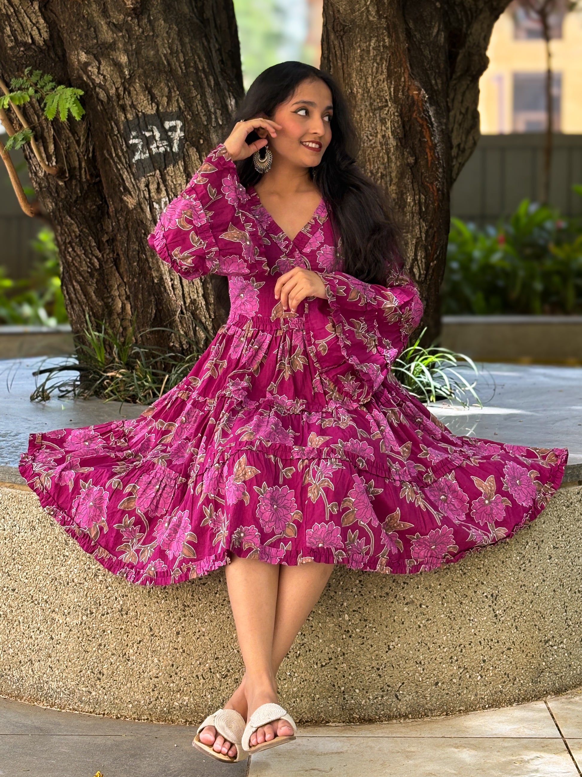 Bella Rose Bell Sleeves Purple V-Neck Midi Cotton Dress