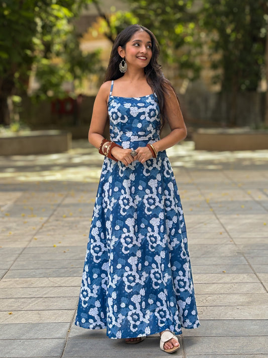 Bluebell Soft Affair Indigo Print Cotton Long Dress